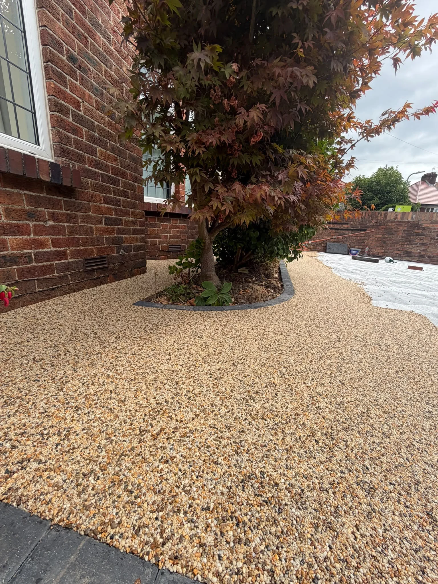After: resin bound surface curving neatly around the retained garden tree, Rhiwbina, Cardiff 
