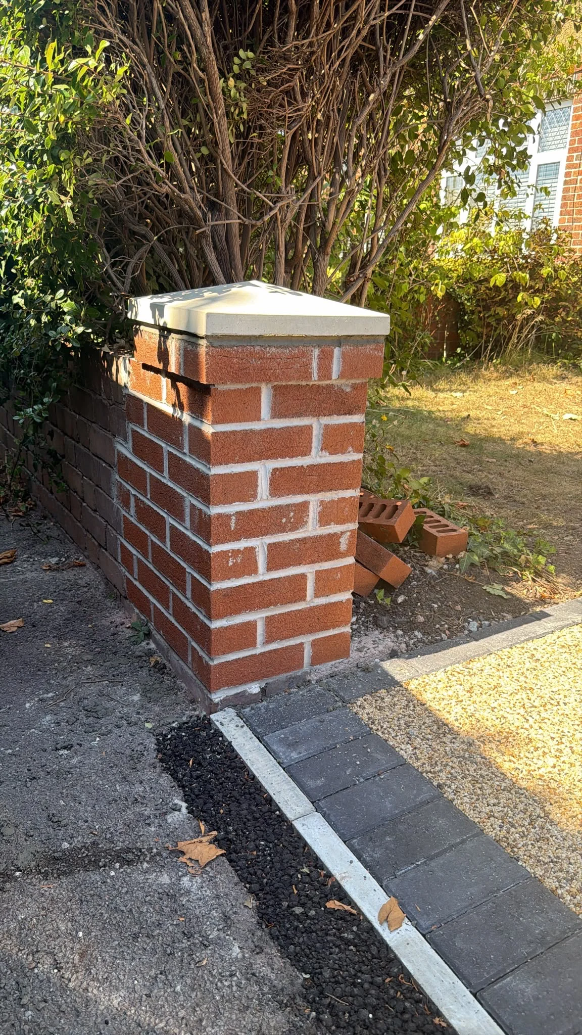 New red brick pillar with capping, built to match the existing brickwork, Rhiwbina, Cardiff 
